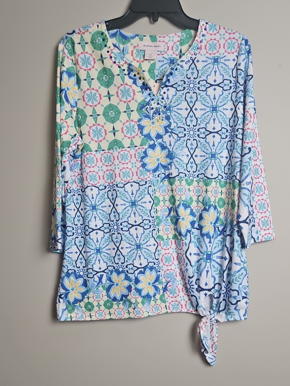 Allison Daley 3/4 Sleeve V-neck Jewel Detail Top: Multi Color Print: Size-Medium